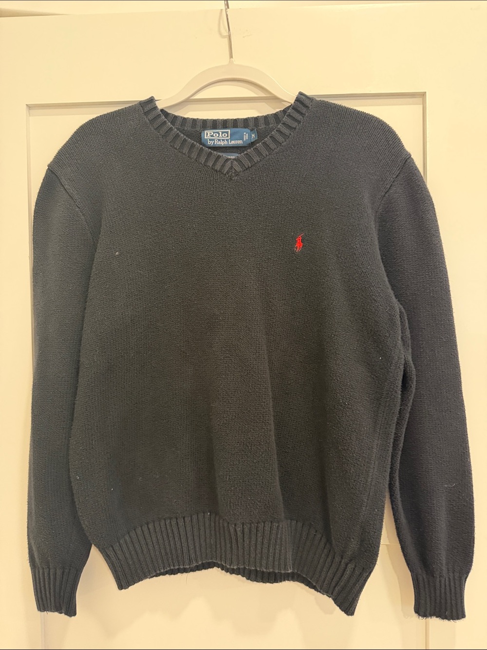 Polo Ralph Lauren Men’s Size M Black 100% Cotton V-Neck Knit Sweater Red Pony